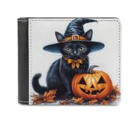 Jubonexis Cartera plegable de piel sintética suave, diseño retro de gato negro y calabaza, para Halloween, monedero, tarjeta de crédito, duradera, billetera delgada para hombres y mujeres