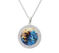 Jubonexis Collar con colgante redondo de abeja y racimo de flores azules, joyería de plata para mujer