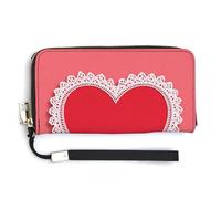 Jubonexis Corazón rojo con borde de encaje blanco sobre piel sintética rosa, cartera larga plegable para monedas, monedero, tarjeta de crédito, almacenamiento de dinero para mujeres y hombres