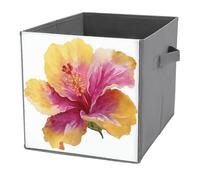 Jubonexis Cubo de almacenamiento de flores de hibisco amarillo con colores rosados, cubos de almacenamiento, cubos de almacenamiento plegables de tela decorativa, organizadores para el hogar con asas