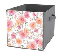 Jubonexis Cubos de almacenamiento plegables con estampado floral de acuarela rosa y melocotón, cestas de almacenamiento de tela decorativas con asas para estantes, armario, 27 x 27 cm