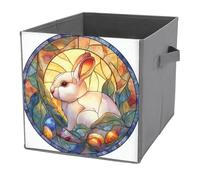 Jubonexis Cubos de almacenamiento plegables de tela decorativa con diseño de conejo blanco, huevos de Pascua, hojas verdes, cubos de almacenamiento, organizadores del hogar con asas para estantes