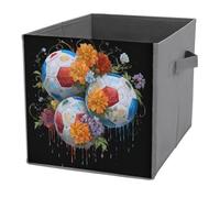 Jubonexis Cubos de almacenamiento plegables y decorativos de tela con diseño de balones de fútbol con flores, organizadores para el hogar con asas para estantes, armario, 27 x 27 cm