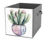 Jubonexis Cubos de almacenamiento plegables y decorativos de tela con diseño de cactus en acuarela, con asas para estantes, armario, 27 x 27 cm