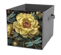 Jubonexis Cubos de almacenamiento plegables y decorativos de tela con diseño de flor de peonía amarilla, dos libélulas, organizadores para el hogar con asas para estantes, armario, 27 x 27 cm