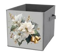 Jubonexis Cubos de almacenamiento plegables y decorativos de tela con diseño de hojas de acebo con tres campanas doradas, organizadores para el hogar con asas para estantes, armario, 27 x 27 cm