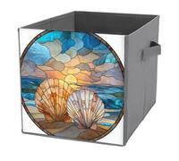 Jubonexis Cubos de almacenamiento plegables y decorativos de tela con diseño de vidrieras, dos conchas marinas en una playa, organizadores para el hogar con asas para estantes, armario, 27 x 27 cm