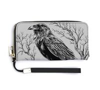 Jubonexis Cuervo posado en calavera sosteniendo una taza de café de piel sintética, cartera plegable larga, monedero, funda para tarjetas de crédito, almacenamiento de dinero duradero para mujeres y