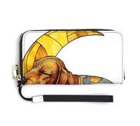 Jubonexis Dachshund Resting on A Yellow Crescent Moon - Cartera de piel sintética larga y plegable, monedero para tarjetas de crédito, almacenamiento de dinero duradero para mujeres y hombres