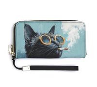 Jubonexis Divertida cartera plegable de piel sintética con diseño de gato negro con lentes de sol, monedero, funda para tarjetas de crédito, almacenamiento de dinero duradero para mujeres y hombres