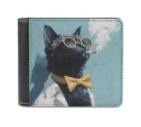 Jubonexis Divertida cartera plegable de piel sintética suave con diseño de gato negro con lentes de sol, monedero, funda para tarjetas de crédito, tarjetero duradero, billetera delgada para hombres y
