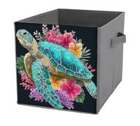 Jubonexis Ea - Cubo de almacenamiento plegable con diseño de tortuga con flores tropicales y coral, cestas de almacenamiento de tela decorativas con asas para estantes, armario, 27 x 27 cm