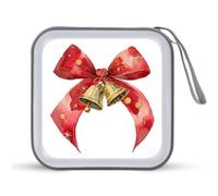 Jubonexis Estuche de almacenamiento portátil con lazo de Navidad rojo con campanas doradas para CD, DVD, coche, hogar, viajes