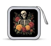 Jubonexis Estuche de almacenamiento portátil de esqueleto humano gótico oscuro con rosas para CD, DVD, coche, hogar, viajes