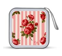 Jubonexis Estuche de almacenamiento portátil para CD, DVD, diseño vintage de rosas rojas sobre rayas rosadas para coche, hogar, viajes
