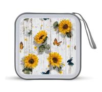 Jubonexis Estuche portátil de madera blanca con girasoles y mariposas, para CD, DVD, para coche, casa, viajes