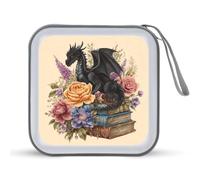 Jubonexis Funda portátil para CD y DVD, diseño de dragón negro posado en libros antiguos, flores, para coche, hogar, viajes