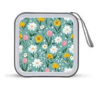 Jubonexis Funda portátil para CD y DVD, diseño de margaritas blancas, girasoles amarillos, tulipanes rosados, para coche, casa, viajes