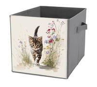 Jubonexis Gatito caminando a través de flores silvestres, cubos de almacenamiento, cubos de almacenamiento plegables de tela decorativa, cestas de almacenamiento con asas para estantes, armario, 27 x