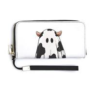 Jubonexis Ghost is wearing a Cow Print Sheet PU Leather Clutch Long Bifold Wallet - Monedero para pase de crédito, tarjetero duradero para almacenamiento de dinero para mujeres y hombres