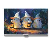 Jubonexis Ghosts Wearing Wizard Hats Carry Lanterns - Tarjetero delgado de metal con bolsillo para tarjetas de visita para mujeres y hombres