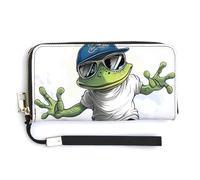 Jubonexis Green Frog Riding A Skateboard - Cartera larga plegable de piel sintética, monedero, funda para tarjetas de crédito, almacenamiento de dinero duradero para mujeres y hombres