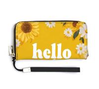 Jubonexis Hello Sunshine and Sunflower on Yellow PU Leather Clutch Long Bifold Wallet - Monedero para tarjetas de crédito, soporte duradero para tarjetas de almacenamiento de dinero para mujeres y