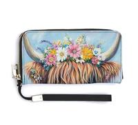 Jubonexis Highland Cow Crown of Colorful Flowers - Cartera de piel sintética con diseño de corona de flores coloridas, monedero, monedero, funda para tarjetas de crédito, almacenamiento de dinero