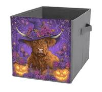 Jubonexis Highland Cow - Cubo de almacenamiento de sombrero de bruja morado para Halloween, cubos de almacenamiento plegables y decorativos, cestas de almacenamiento de tela con asas para estantes