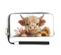 Jubonexis Highland Cow in Old Wooden Bucket - Cartera larga plegable de piel sintética, monedero, funda para tarjetas de crédito, almacenamiento de dinero duradero para mujeres y hombres