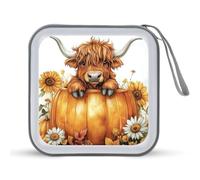 Jubonexis Highland Cow in Pumpkin Flowers - Estuche de almacenamiento portátil para CD, DVD, para coche, hogar, viajes