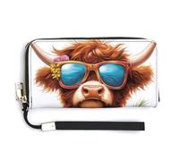 Jubonexis Highland Cow in Summer Beach Outfit - Cartera larga plegable de piel sintética, monedero, funda para tarjetas de crédito, almacenamiento de dinero duradero para mujeres y hombres