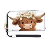 Jubonexis Highland Cow in Wooden Bucket with Daisies PU Leather Clutch Long Bifold Wallet, Coin Purse Credit Pass Case Durable Card Holder Money Storage for Women Men