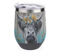 Jubonexis Highland Cow - Vaso de vino de madera con diseño de margaritas de vaca de acero inoxidable, taza de agua de doble pared con tapa, 12 onzas