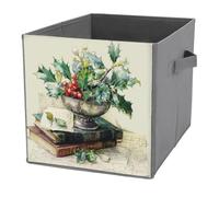Jubonexis Holly Mistletoe en cuenco antiguo, cubos de almacenamiento, cubos de almacenamiento plegables y decorativos, cestas de almacenamiento de tela, organizadores para el hogar con asas para