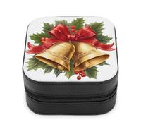 Jubonexis Joyero pequeño con diseño de campana dorada de Navidad con un lazo rojo, portátil, de piel sintética, mini expositor, caja de almacenamiento para joyería de viaje para mujer