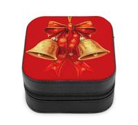 Jubonexis Joyero pequeño con diseño de campanas de Navidad doradas, lazo rojo, portátil, de piel sintética, mini expositor, caja de almacenamiento para joyería de viaje para mujer