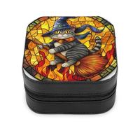 Jubonexis Joyero pequeño con diseño de gato y sombrero de mago, de piel sintética, portátil, con vitral, para guardar joyas, para mujer