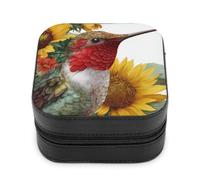 Jubonexis Joyero pequeño de piel sintética portátil con diseño de colibrí y girasoles amarillos, caja de almacenamiento de exhibición para mujer