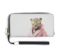 Jubonexis Leopard wearing A Pink Bathrobe PU Leather Clutch Long Bifold Wallet - Monedero para pase de crédito, tarjetero duradero, almacenamiento de dinero para mujeres y hombres