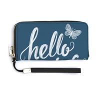 Jubonexis Lindas palabras dibujadas a mano Hello Spring en piel sintética azul cartera plegable larga, monedero, funda para tarjetas de crédito, almacenamiento de dinero duradero para mujeres y