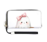 Jubonexis Lindo fantasma blanco con lazo rosa en un picnic de piel sintética, cartera plegable larga, monedero, funda para tarjetas de crédito, almacenamiento de dinero duradero para mujeres y hombres
