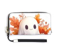 Jubonexis Lindo libro con diseño de fantasma, hojas de otoño, piel sintética, cartera plegable larga, monedero, funda para tarjetas de crédito, almacenamiento de dinero duradero para mujeres y hombres