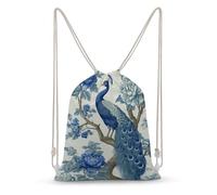 Jubonexis Mochila de lona con cordón y diseño de pavo real en rama de árbol y flores azules, ligera, para deportes y gimnasio, para hombres y mujeres