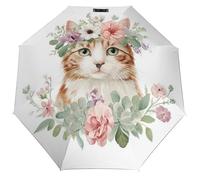 Jubonexis Paraguas plegable con diseño de gatos en acuarela con coronas florales, 3 pliegues, resistente al viento, paraguas de viaje fuerte y ligero para sol y lluvia al aire libre