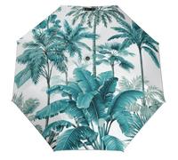Jubonexis Paraguas plegable con hojas tropicales y palmeras, color verde turquesa, 3 pliegues, resistente al viento, paraguas de viaje fuerte y ligero para sol y lluvia al aire libre