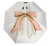 Jubonexis Paraguas plegable de 3 pliegues con un bonito fantasma con lazo beige, paraguas de viaje resistente al viento, paraguas de viaje fuerte y ligero para sol y lluvia al aire libre