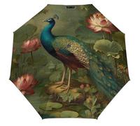 Jubonexis Paraguas plegable de pavo real cerca de un estanque de loto, 3 pliegues, resistente al viento, paraguas de viaje fuerte y ligero para sol y lluvia al aire libre