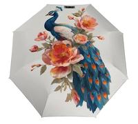 Jubonexis Paraguas plegable de pavo real con flores naranjas, 3 pliegues, resistente al viento, paraguas de viaje fuerte y ligero para sol y lluvia al aire libre