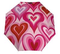 Jubonexis Paraguas plegable moderno de mediados de siglo, diseño de corazón rosa y rojo, 3 pliegues, resistente al viento, paraguas de viaje fuerte y ligero para sol y lluvia al aire libre